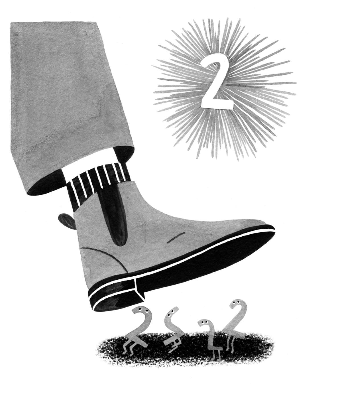 A boot is stomping on 4 anthropomorphized number 2s. Above in the sky is the sun with a giant number 2 in the center.