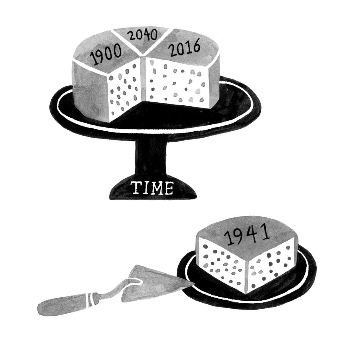 A cake stand that reads "time" holds up a cake sliced into 4 labelled with different years. One slice of cake is missing, and is instead on a plate/